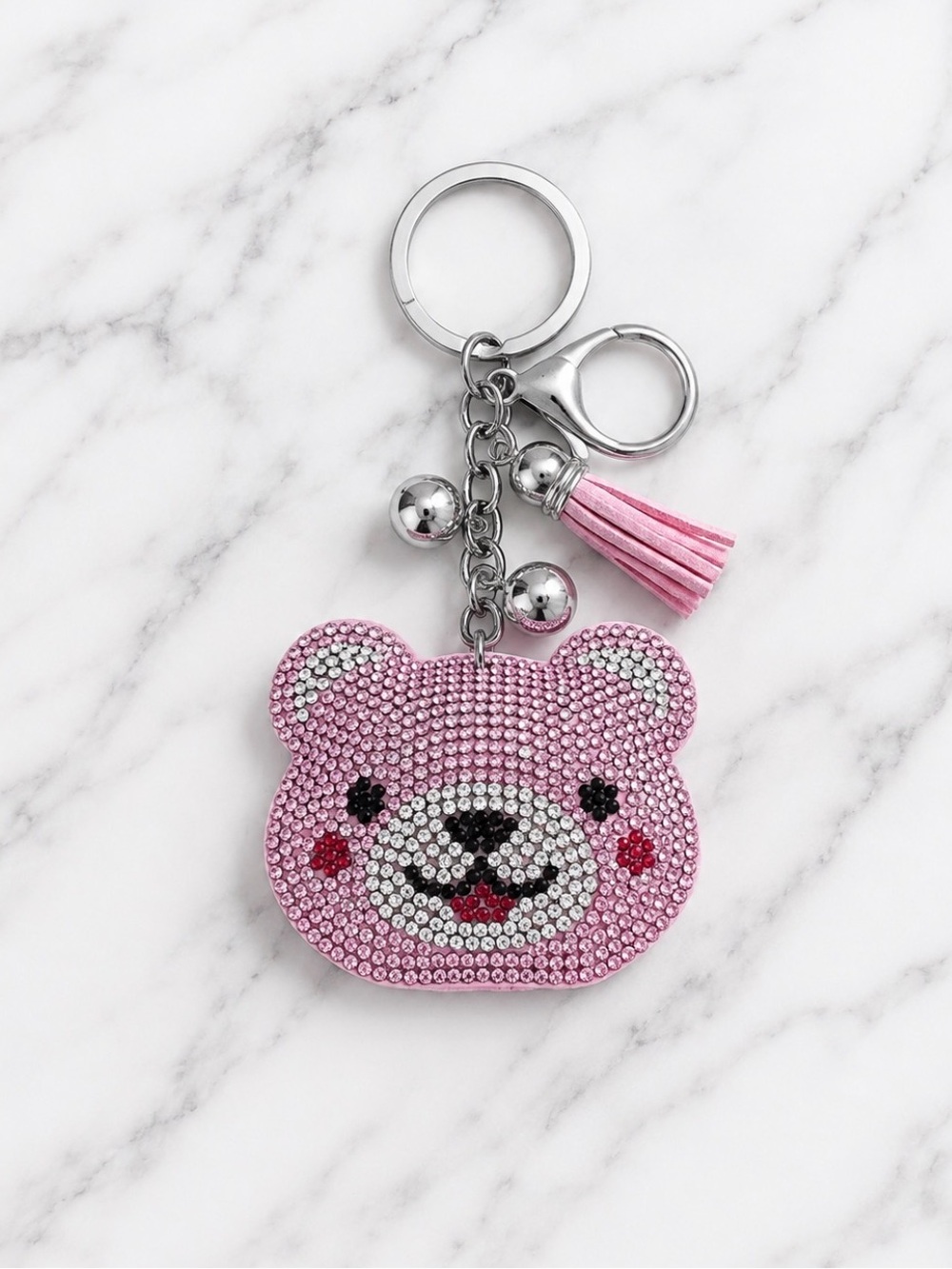 Pink Rhinestoned Bear Bag Charm/Keyring on Silver Hardware